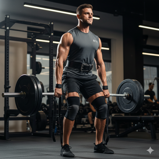 Muscular athlete performing a heavy deadlift, wearing a grey sleeveless training top, black training shorts, a leather lifting belt, knee sleeves, and lifting straps.