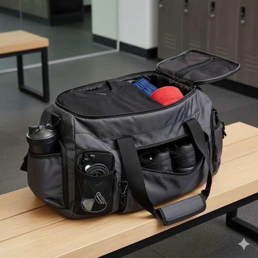 Concept Image of a high-quality gym duffel bag with various organized compartments and pockets open, showing fitness clothing and accessories inside.