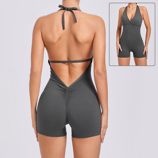 Yoga Pants Halter Neck Jumpsuit Beauty Back Shorts High Elastic One-piece Fitness For Womens Clothing - My Store