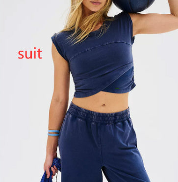 Ladies Two-piece Set Solid Color Casual Suit Short Sleeveless Top Sweatpants - My Store