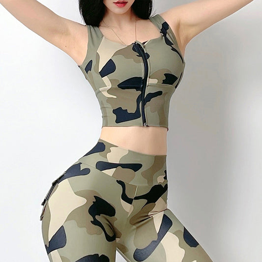 Camouflage Printed Front Zipper Sports Underwear Shockproof Yoga Clothes Vest - My Store