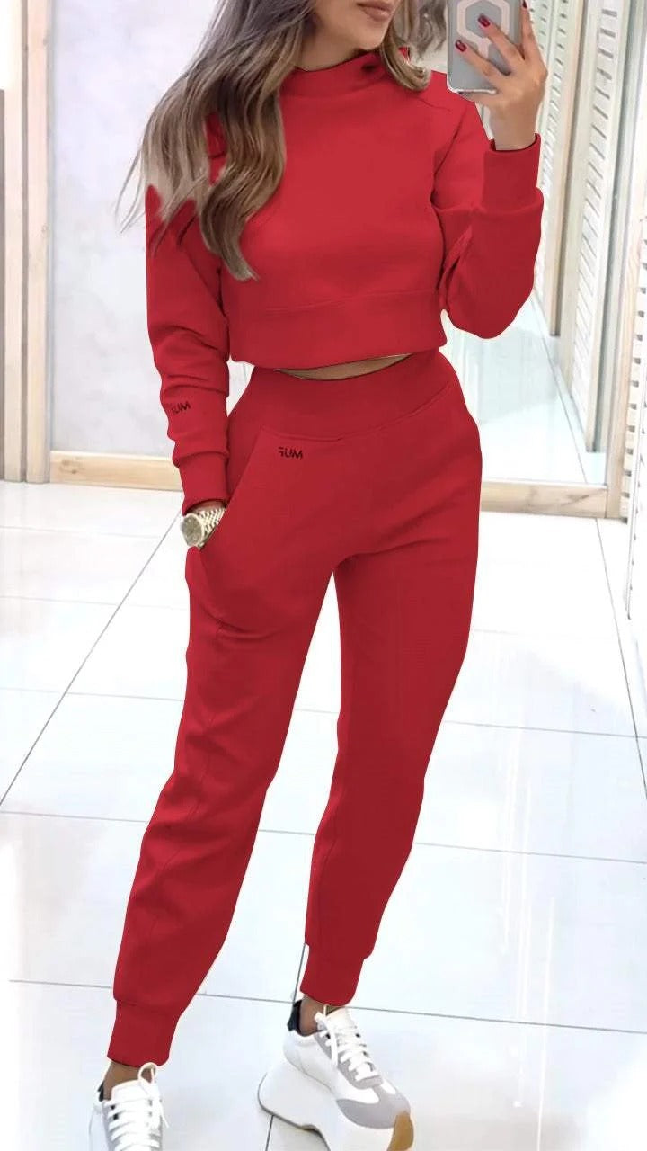 Stand Collar Sports Suit Fashion Pullover Long-sleeves Short Top And Slim Trousers With Pockets Solid Outfits Women's Clothing - My Store