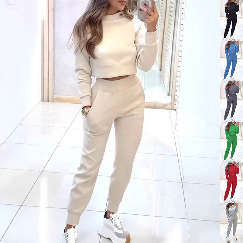 Stand Collar Sports Suit Fashion Pullover Long-sleeves Short Top And Slim Trousers With Pockets Solid Outfits Women's Clothing - My Store