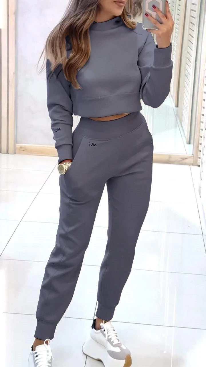 Stand Collar Sports Suit Fashion Pullover Long-sleeves Short Top And Slim Trousers With Pockets Solid Outfits Women's Clothing - My Store