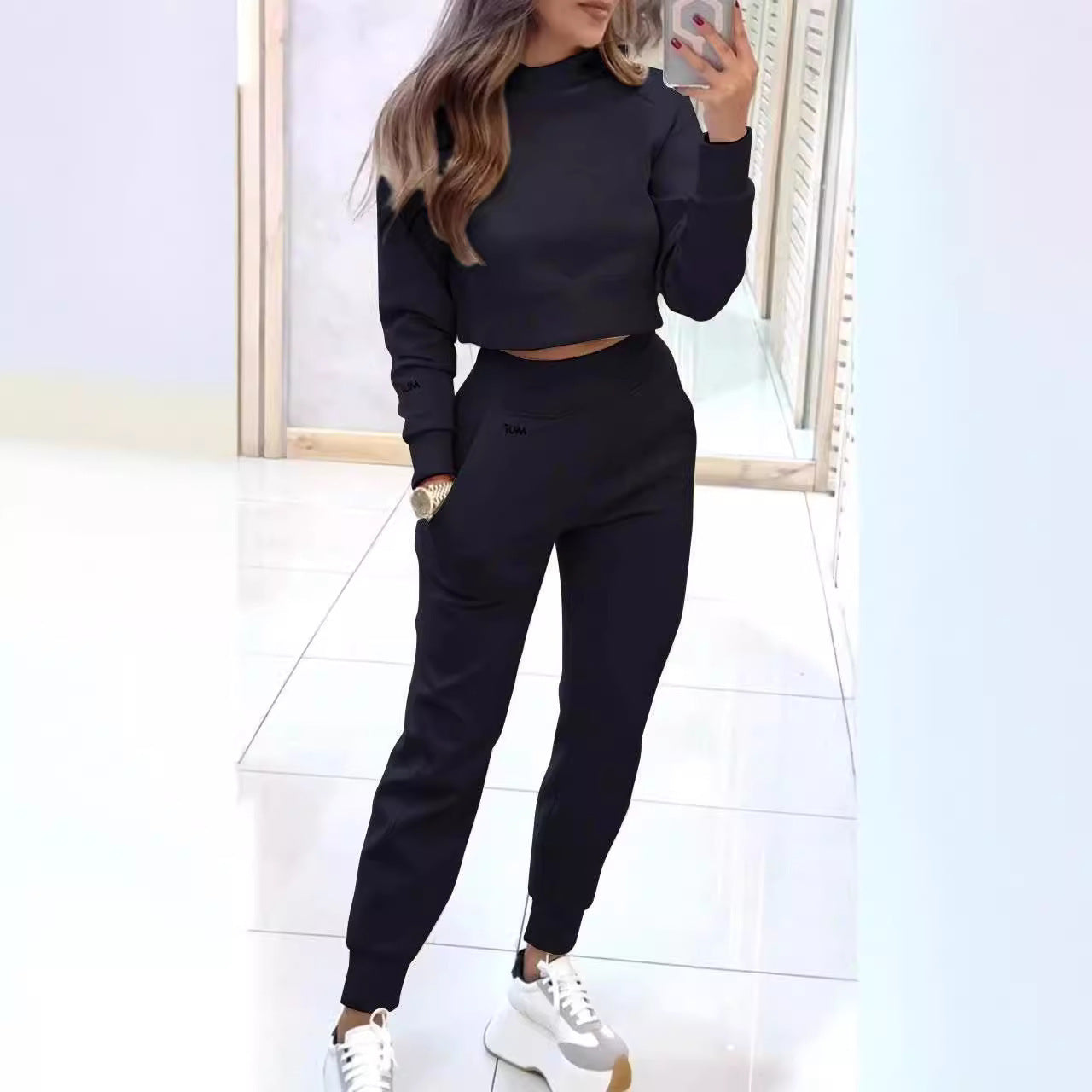 Stand Collar Sports Suit Fashion Pullover Long-sleeves Short Top And Slim Trousers With Pockets Solid Outfits Women's Clothing - My Store