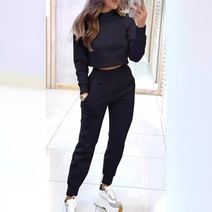 Stand Collar Sports Suit Fashion Pullover Long-sleeves Short Top And Slim Trousers With Pockets Solid Outfits Women's Clothing - My Store