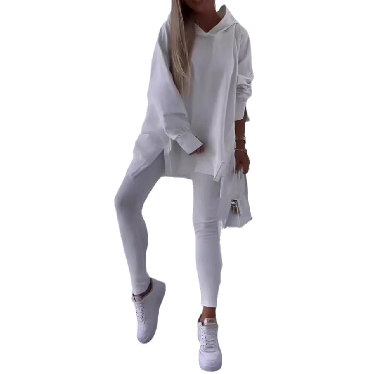 Women's Sports Casual Slit Hooded Sweatshirt Tights Two-piece Set - My Store