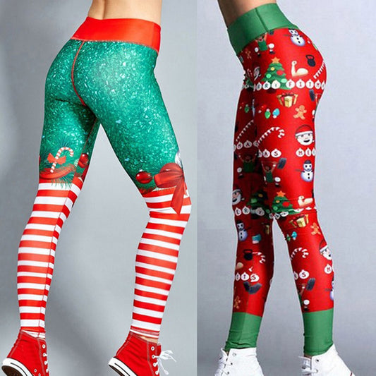 Two women wearing festive Christmas leggings with holiday patterns and colorful stripes