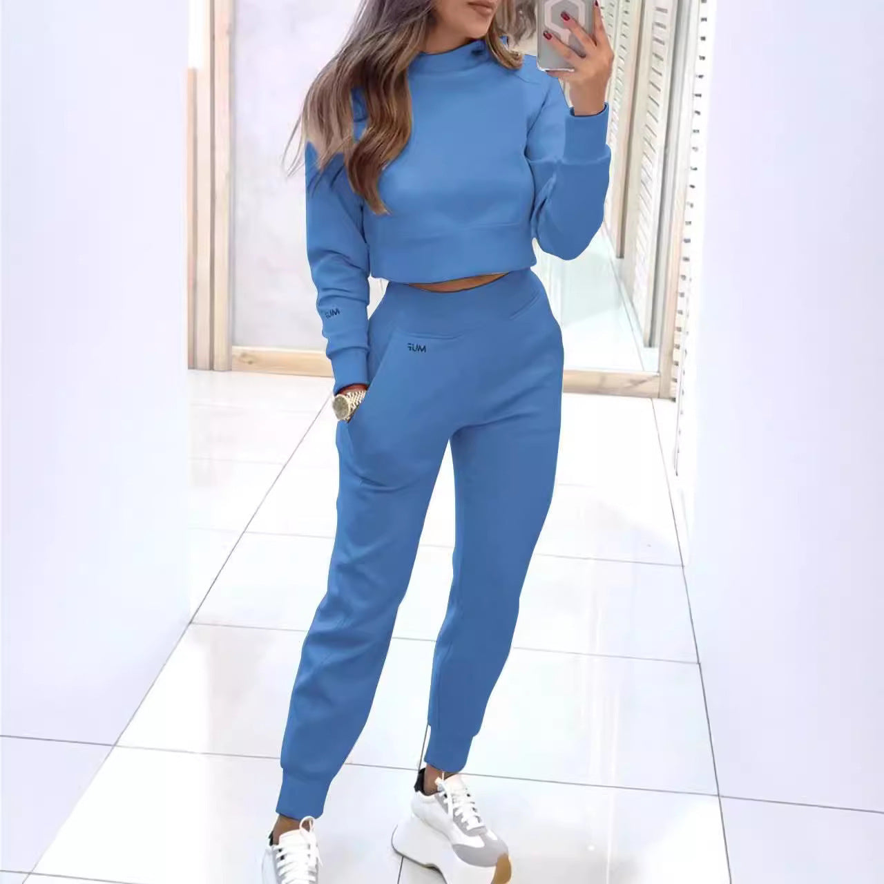 Stand Collar Sports Suit Fashion Pullover Long-sleeves Short Top And Slim Trousers With Pockets Solid Outfits Women's Clothing - My Store