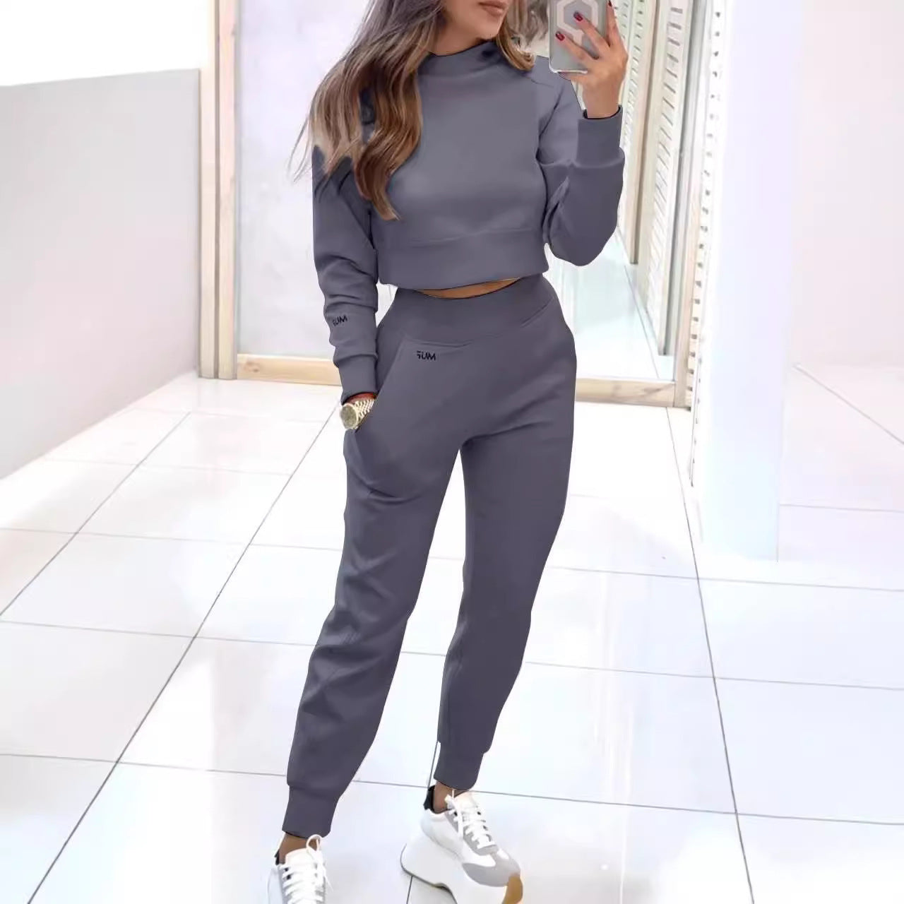 Stand Collar Sports Suit Fashion Pullover Long-sleeves Short Top And Slim Trousers With Pockets Solid Outfits Women's Clothing - My Store