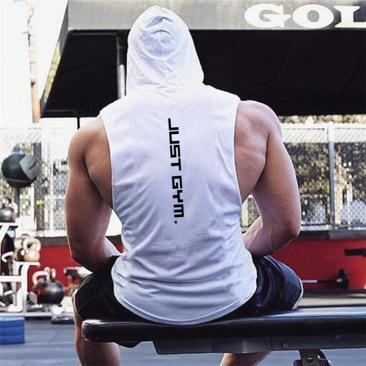 Just Gym White Hooded Workout Vest Men Muscle Fit - Muscle Gain Cy eStore