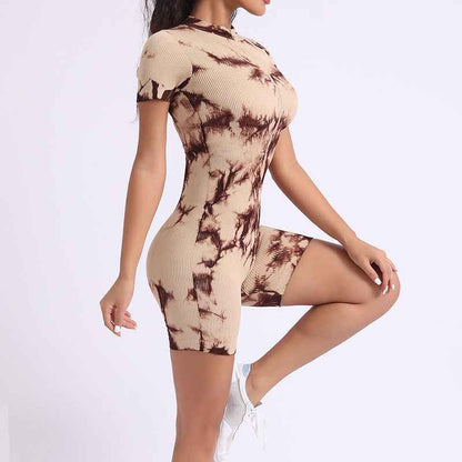 Blue Tie-Dye One-Piece Yoga Outfit with Front Zipper - Muscle Gain Cy eStore