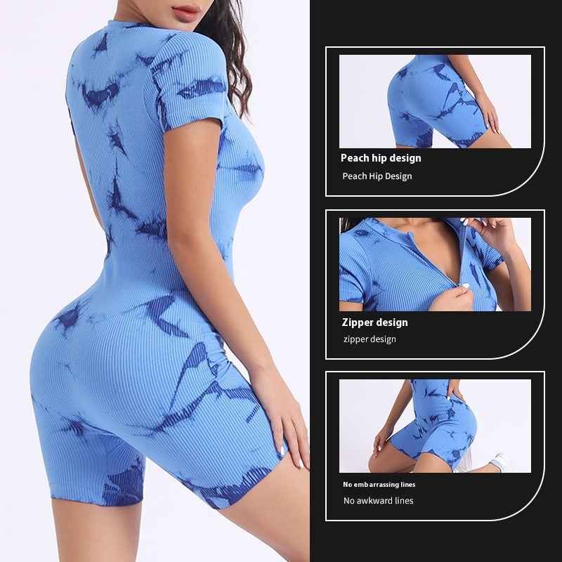 Blue Tie-Dye One-Piece Yoga Outfit with Front Zipper - Muscle Gain Cy eStore
