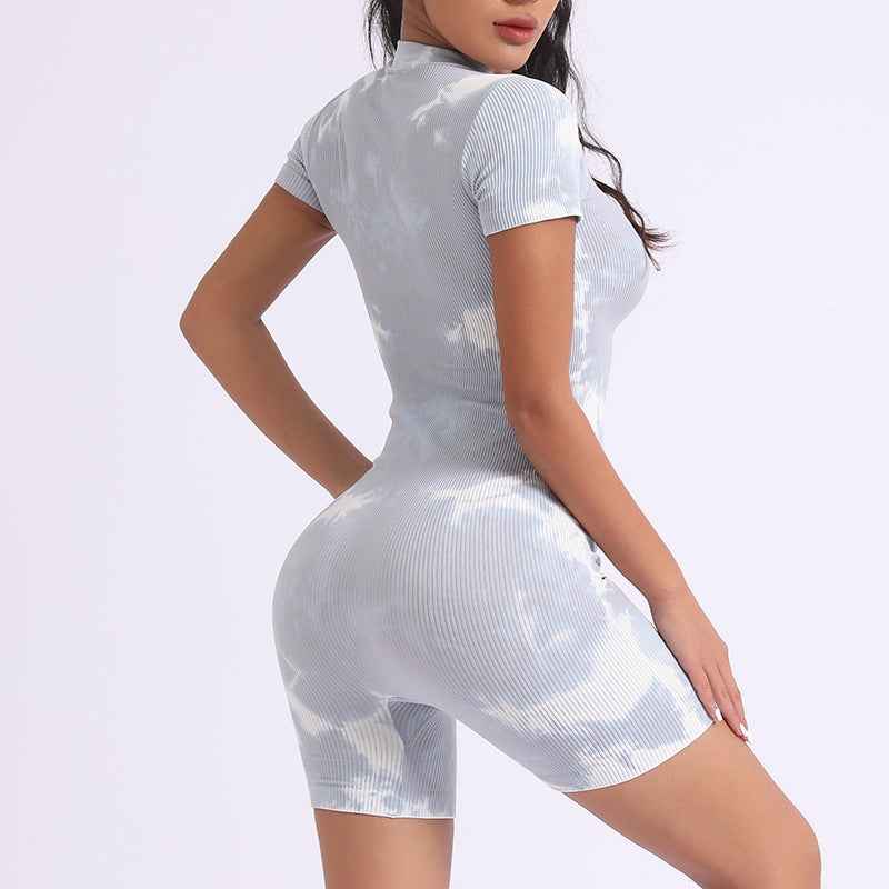 Blue Tie-Dye One-Piece Yoga Outfit with Front Zipper - Muscle Gain Cy eStore